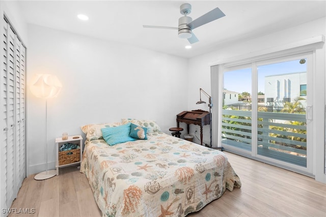 bedroom featuring access to outside, ceiling fan, wood finished floors, and recessed lighting