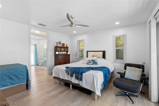 bedroom with a ceiling fan, light wood-type flooring, visible vents, and recessed lighting