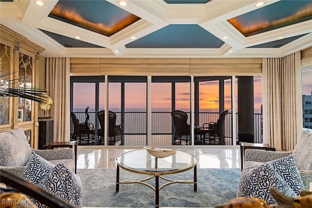 living room featuring coffered ceiling, beam ceiling, and ornamental molding