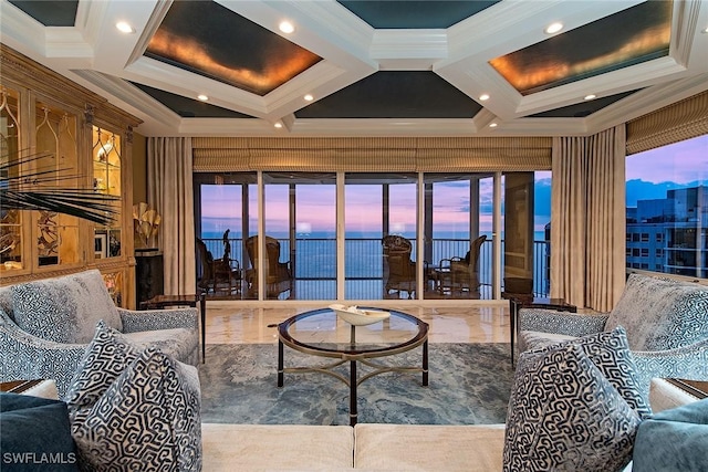 living room with beamed ceiling, crown molding, and coffered ceiling