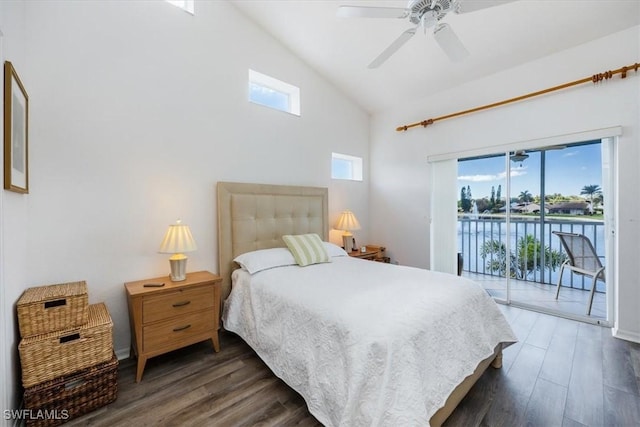 1060 Partridge Cir Unit 201, Naples, FL 34104 - bedroom featuring a water view, dark hardwood / wood-style floors, access to exterior, and ceiling fan