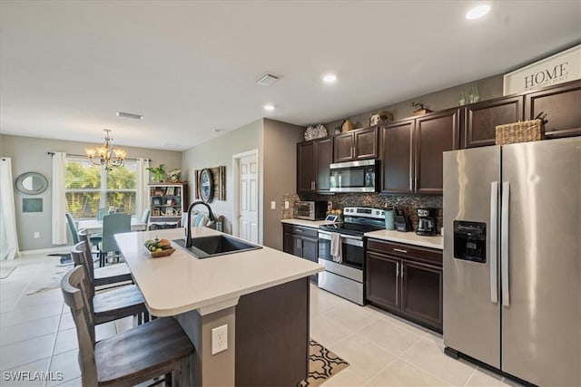 kitchen featuring a center island with sink, a kitchen bar, appliances with stainless steel finishes, sink, and hanging light fixtures