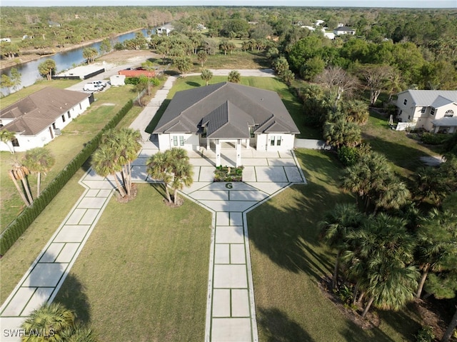 drone / aerial view featuring a water view