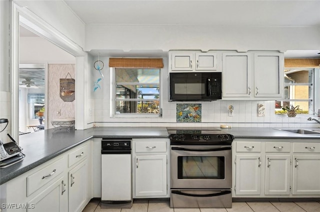 kitchen featuring white cabinetry, stainless steel range with electric stovetop, sink, and backsplash