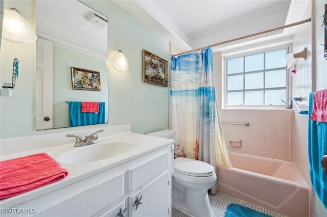 full bathroom featuring vanity, tile patterned flooring, toilet, and shower / tub combo with curtain