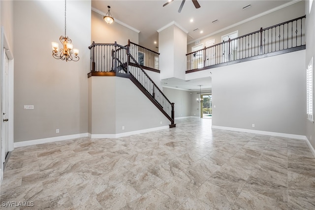 2534 Verdmont Ct, Cape Coral, FL 33991 - unfurnished living room featuring crown molding, ceiling fan with notable chandelier, a high ceiling, baseboards, and stairs