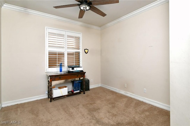 miscellaneous room with ornamental molding, light carpet, and ceiling fan