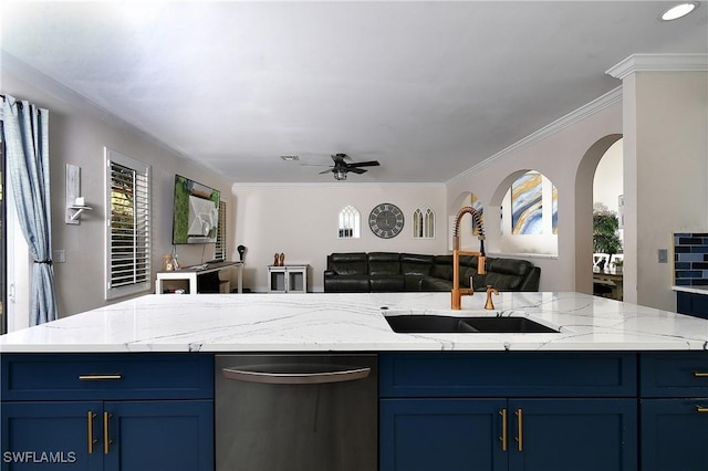 kitchen featuring a kitchen island with sink, sink, dishwasher, and blue cabinets