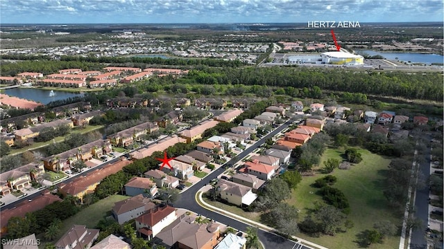 bird's eye view with a water view