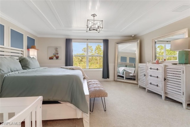 carpeted bedroom featuring crown molding and an inviting chandelier