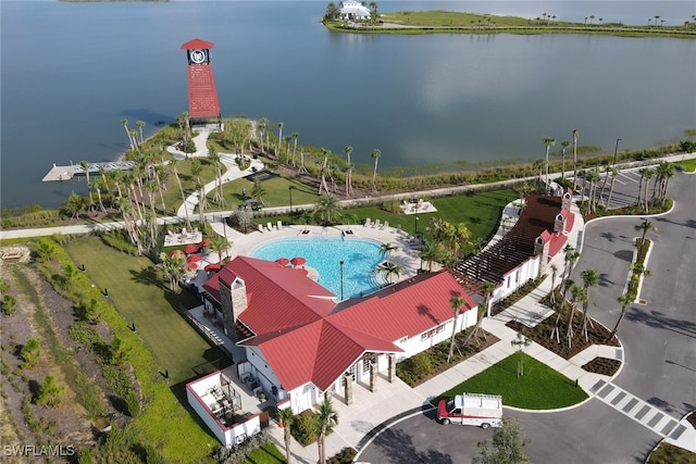 bird's eye view with a water view