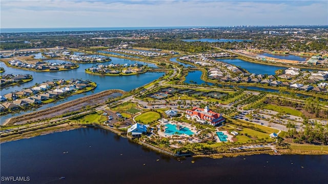 aerial view featuring a water view