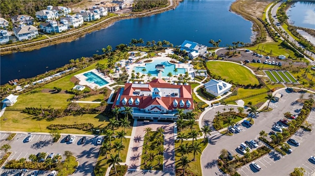 bird's eye view with a water view