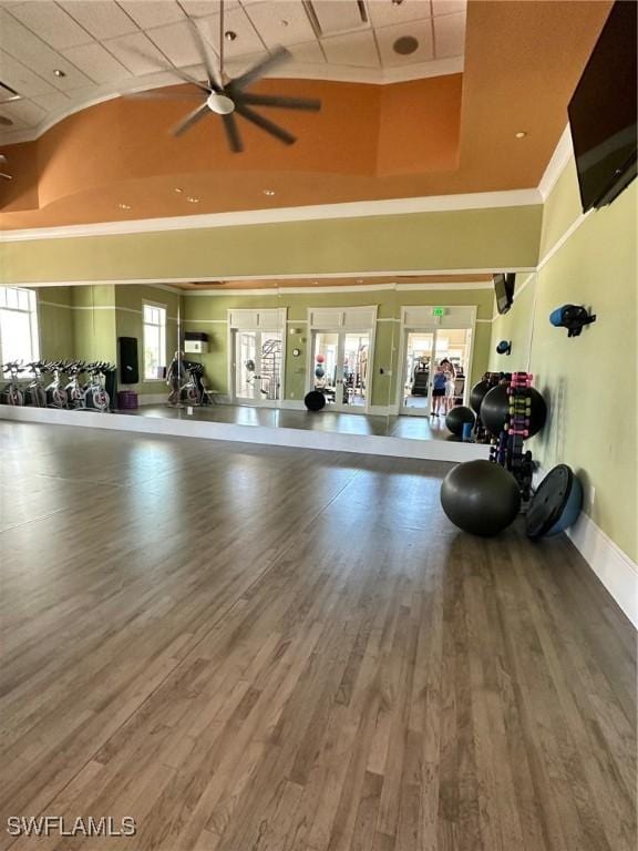 exercise room with hardwood / wood-style flooring, high vaulted ceiling, and ceiling fan