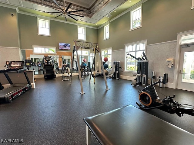 workout area with plenty of natural light and ornamental molding