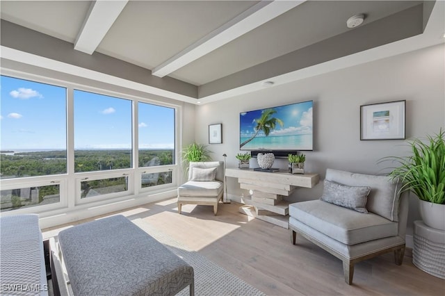 living area with beamed ceiling and hardwood / wood-style flooring