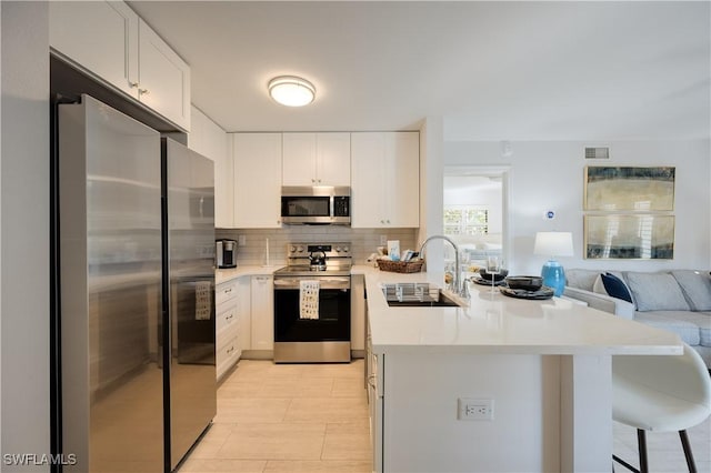 kitchen with appliances with stainless steel finishes, tasteful backsplash, white cabinetry, sink, and kitchen peninsula