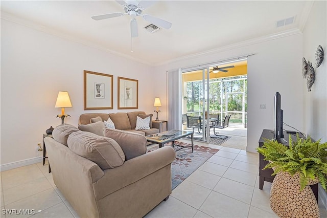 living room with light tile patterned floors, ornamental molding, and ceiling fan