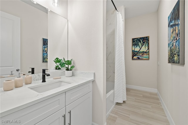 bathroom with vanity and shower / bathtub combination with curtain