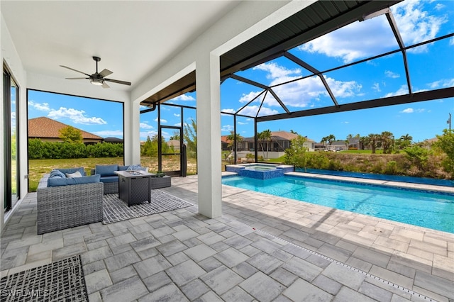 view of swimming pool with an outdoor living space, a patio area, glass enclosure, and an in ground hot tub