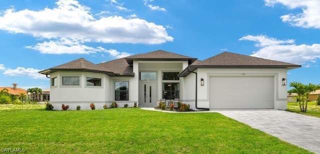 view of front of property featuring a garage and a front lawn