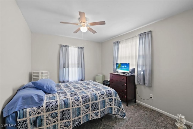 bedroom featuring ceiling fan and carpet