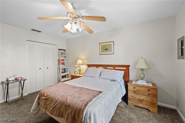 carpeted bedroom with ceiling fan and a closet