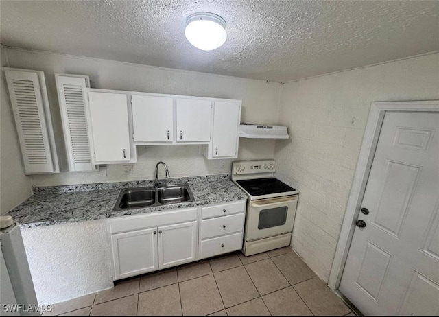 kitchen featuring sink, light stone countertops, white cabinets, and white electric range oven