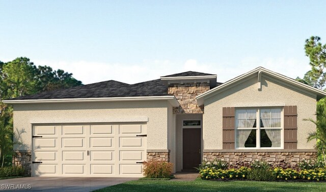 view of front of property with driveway, stone siding, and stucco siding