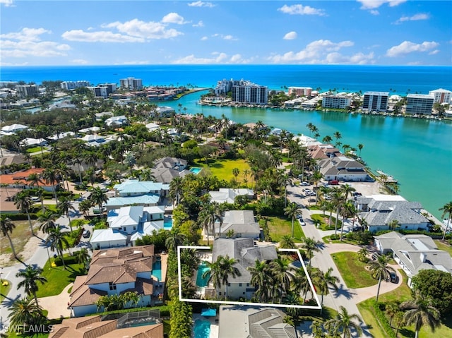 aerial view featuring a water view