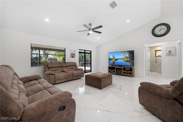 living room with high vaulted ceiling and ceiling fan