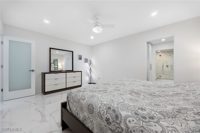 bedroom with ensuite bath and ceiling fan