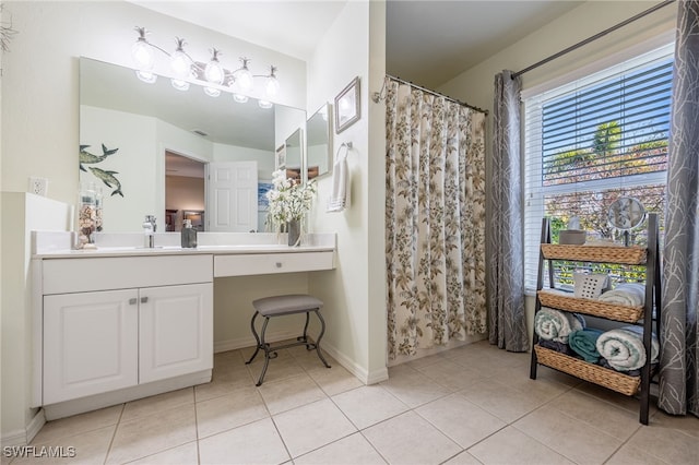 bathroom with vanity, tile patterned floors, and a shower with shower curtain