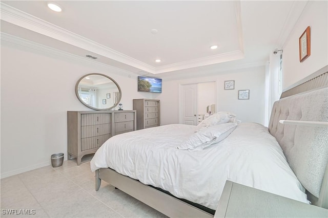 tiled bedroom with a raised ceiling and crown molding