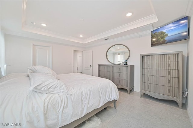 tiled bedroom with a raised ceiling and crown molding