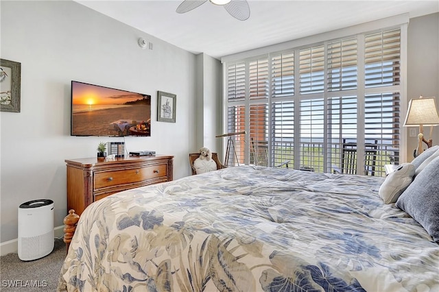 bedroom with carpet flooring, access to outside, and ceiling fan