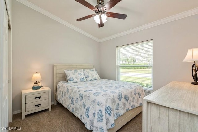 bedroom with lofted ceiling, carpet flooring, crown molding, and baseboards