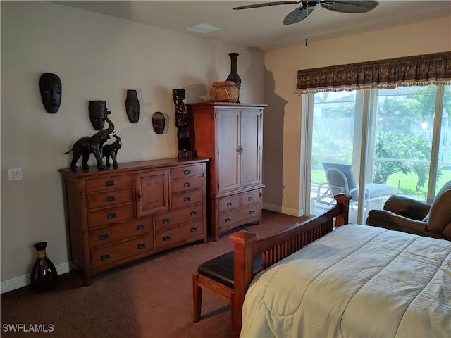 carpeted bedroom featuring access to outside, ceiling fan, and baseboards