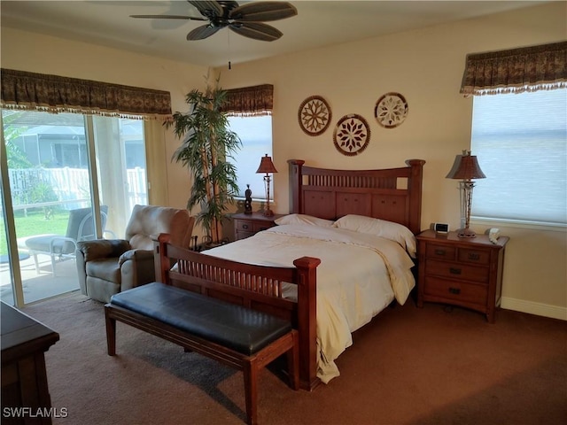 bedroom with access to exterior, multiple windows, baseboards, and carpet flooring