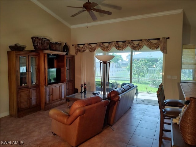 living room featuring light tile patterned floors, a ceiling fan, and crown molding