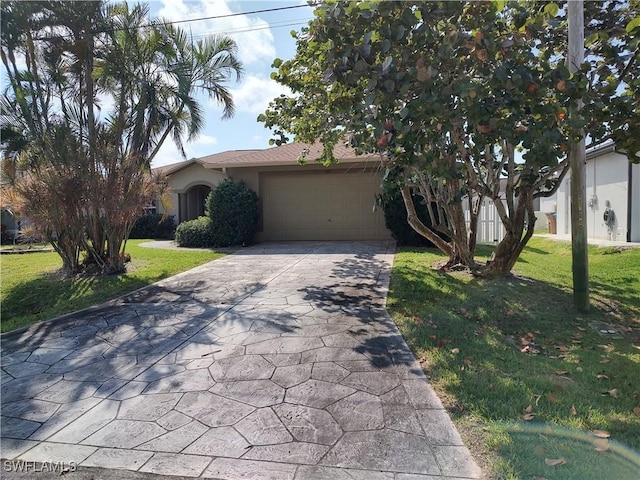 obstructed view of property featuring a garage, stucco siding, driveway, and a front lawn