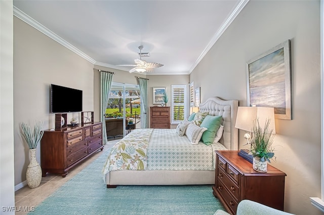 bedroom featuring ornamental molding, light tile patterned floors, access to exterior, and ceiling fan