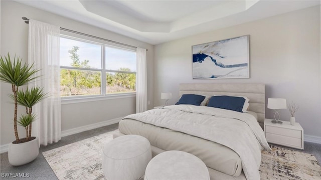 bedroom with a raised ceiling and baseboards