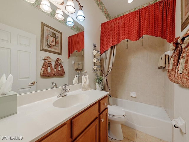 full bathroom with vanity, shower / bath combo, tile patterned floors, and toilet