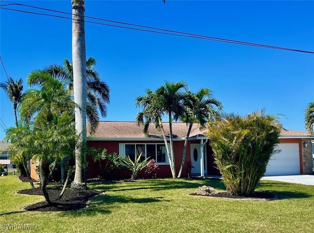 ranch-style house with a front lawn, concrete driveway, and an attached garage