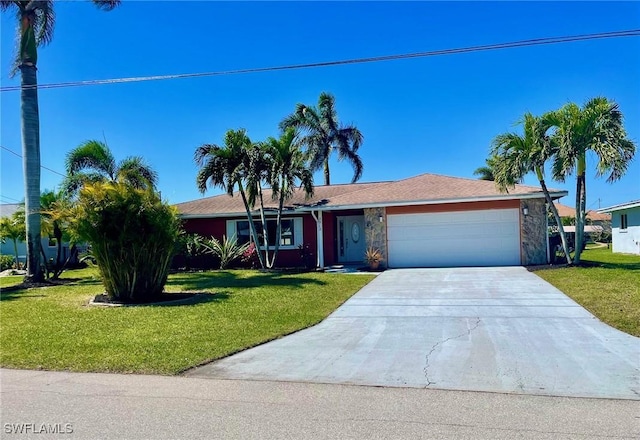 single story home featuring an attached garage, driveway, and a front lawn