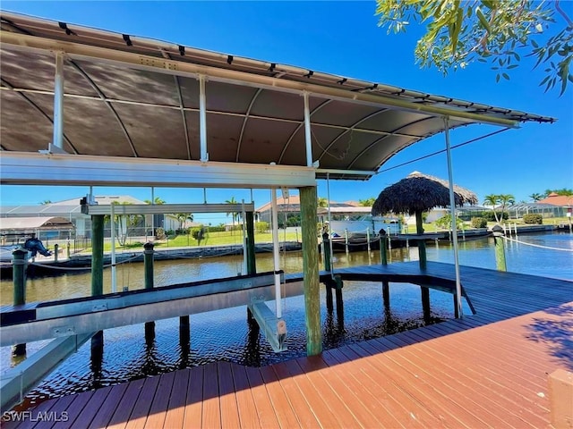 view of dock with a water view