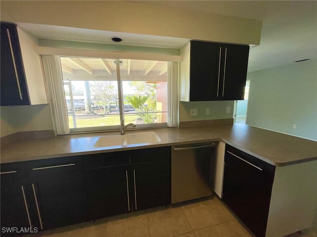 kitchen with a sink, dark cabinets, and dishwasher