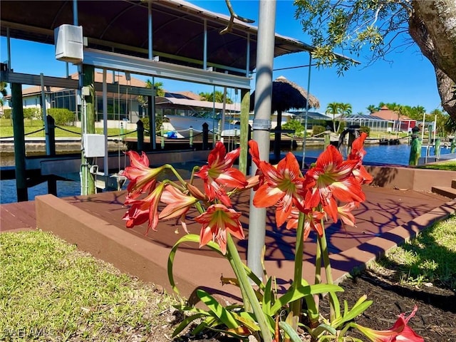 exterior space featuring a dock, a water view, and boat lift