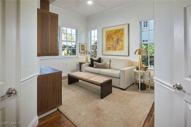 living room with crown molding and light wood-type flooring